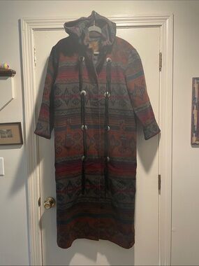 Woolrich Long Hooded Rust Red Black Southwest Duster Duffle Coat